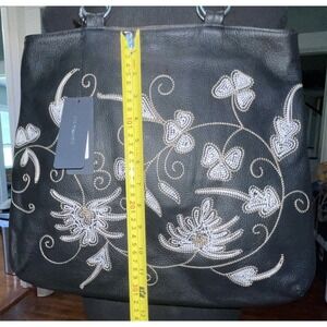 VTG BERGE BLACK Leather Shoulder Bag Hobo Purse Embroidered‎ Floral ITALY NICE